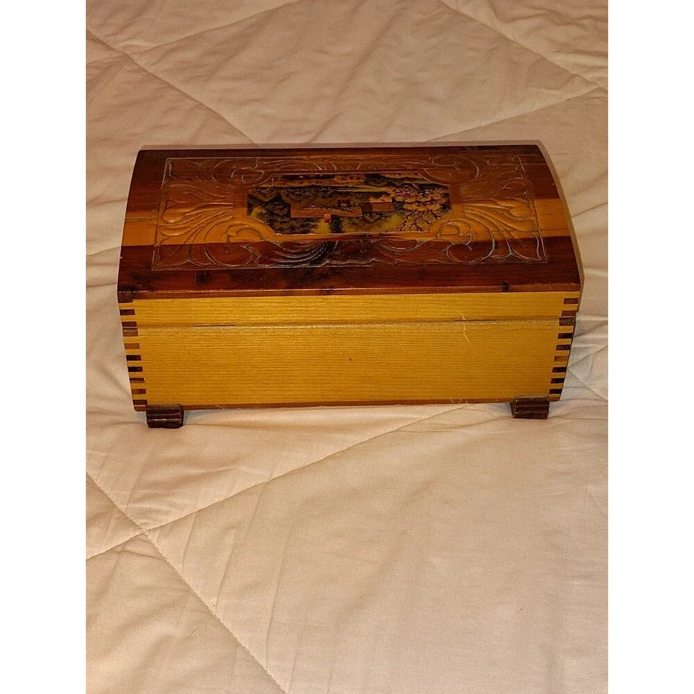Vintage Mid-Century Carved Cedar Jewelry Box with Cottage Scene Interior Mirror